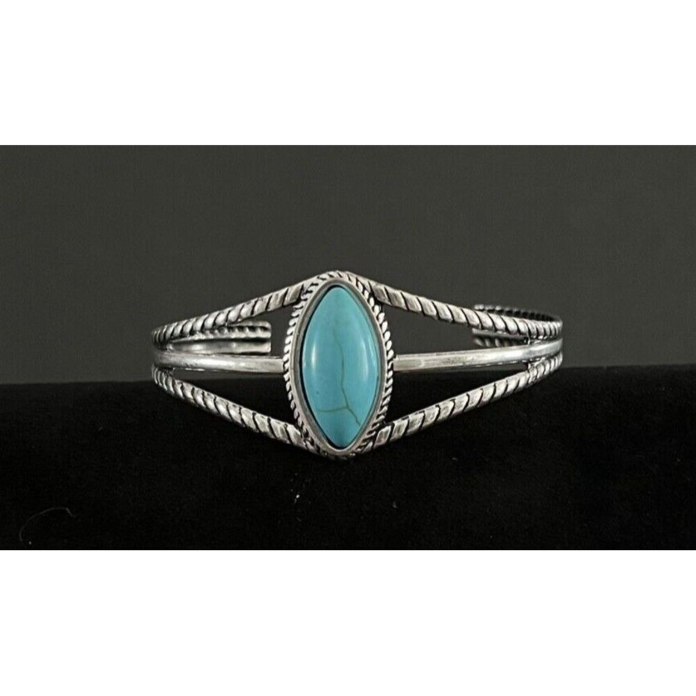 Marquise Faux Southwestern Style Turquoise Silver Tone Rope Detail Cuff Bracelet